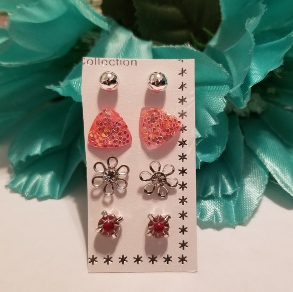 Earrings NEW 4 pair flower pink silver - Picture 2 of 6